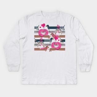 Dachshunds long love // fuchsia pink hearts scarves sweaters and other Valentine's Day details brown nile blue and dark grey spotted funny doxies dog puppies Kids Long Sleeve T-Shirt